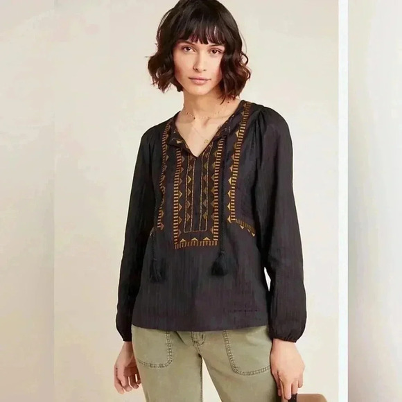 Anthropologie Dolan Atsrid Embroidered Peasant Blouse in Black Long Slee… - Picture 1 of 16